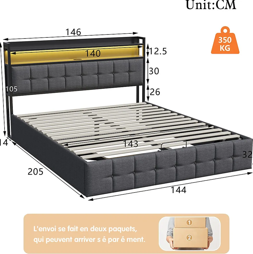 Lit Coffre 140x200 avec Rangement et éclairage LED, Sommier à Lattes, Lit Double avec USB et Type-C, Lit 2 Personnes, Lin, Gris