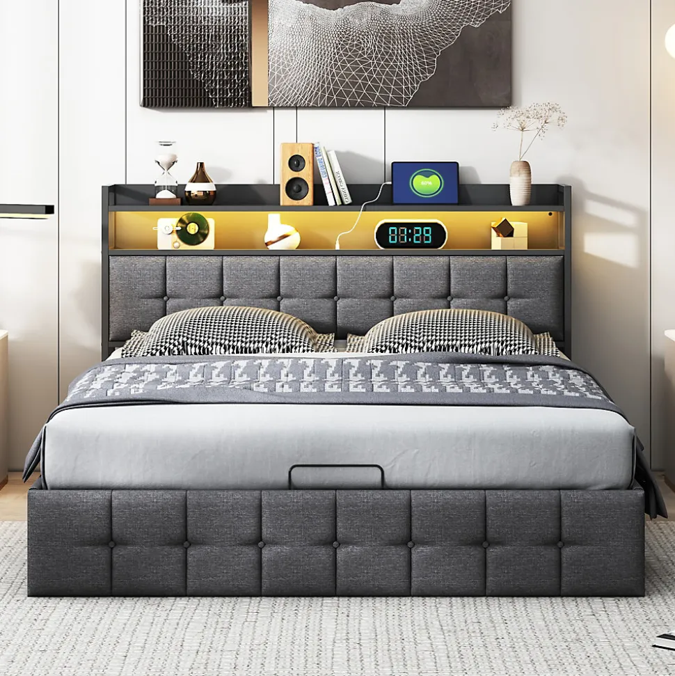 Lit Coffre 140x200 avec Rangement et éclairage LED, Sommier à Lattes, Lit Double avec USB et Type-C, Lit 2 Personnes, Lin, Gris