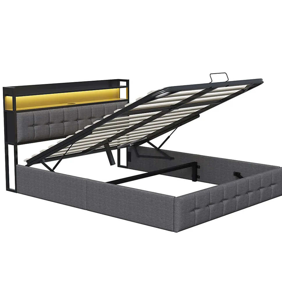 Lit Coffre 140x200 avec Rangement et éclairage LED, Sommier à Lattes, Lit Double avec USB et Type-C, Lit 2 Personnes, Lin, Gris
