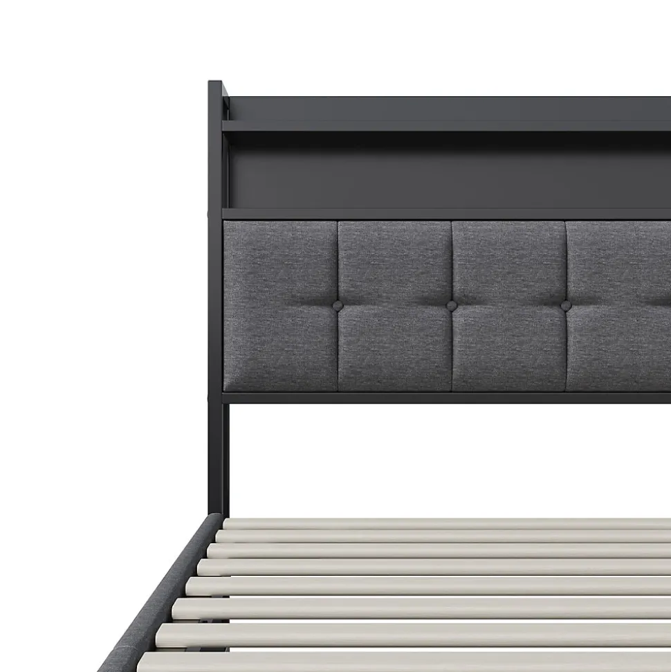 Lit Coffre 140x200 avec Rangement et éclairage LED, Sommier à Lattes, Lit Double avec USB et Type-C, Lit 2 Personnes, Lin, Gris