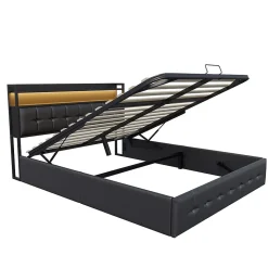 Lit Coffre 160x200 avec Rangement et éclairage LED, Lit 160x200 avec Sommier à Lattes,USB et Type-C,PU, Noir