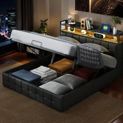Lit Coffre 160x200 avec Rangement et éclairage LED, Lit 160x200 avec Sommier à Lattes,USB et Type-C,PU, Noir