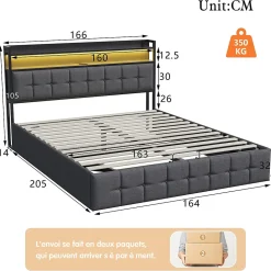 Lit Coffre 160x200 avec Rangement, LED, Sommier à Lattes, Prises USB/Type-C, Lit Double en Lin, Gris