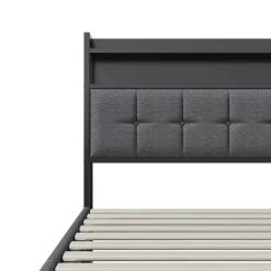 Lit Coffre 160x200 avec Rangement, LED, Sommier à Lattes, Prises USB/Type-C, Lit Double en Lin, Gris