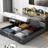 Lit Coffre 160x200 avec Rangement et éclairage LED, Sommier à Lattes, Lit Double avec USB et Type-C, Lit 2 Personnes, Lin, Gris