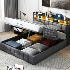 Lit Coffre 160x200 avec Rangement et éclairage LED, Sommier à Lattes, Lit Double avec USB et Type-C, Lit 2 Personnes, Lin, Gris