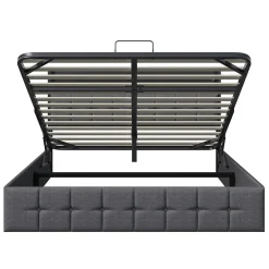 Lit Coffre 160x200 avec Rangement et éclairage LED, Sommier à Lattes, Lit Double avec USB et Type-C, Lit 2 Personnes, Lin, Gris