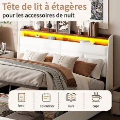 Lit Coffre 140x200 Avec Sommier Et USB, LED, Cadre De Lit Avec Rangement Et Tete De Lit, Blanc