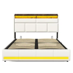 Lit Coffre 140x200 Avec Sommier Et USB, LED, Cadre De Lit Avec Rangement Et Tete De Lit, Blanc