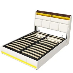 Lit Coffre 140x200 Avec Sommier Et USB, LED, Cadre De Lit Avec Rangement Et Tete De Lit, Blanc