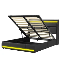 Lit Coffre 160x200 Avec Sommier Et USB, LED, Cadre De Lit Avec Rangement Et Tete De Lit, Noir