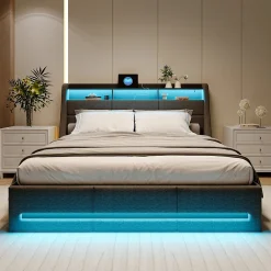 Lit Coffre 160x200 Avec Sommier, Lit Coffre Avec Port USB De Type C, Éclairage LED, Lin, Gris