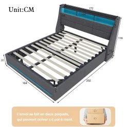 Lit Coffre 160x200 Avec Sommier, Lit Coffre Avec Port USB De Type C, Éclairage LED, Lin, Gris