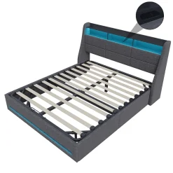 Lit Coffre 160x200 Avec Sommier, Lit Coffre Avec Port USB De Type C, Éclairage LED, Lin, Gris