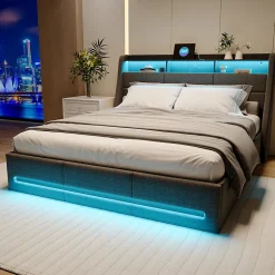 Lit Coffre 160x200 Avec Sommier, Lit Coffre Avec Port USB De Type C, Éclairage LED, Lin, Gris