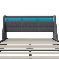 Lit Coffre 160x200 avec Sommier, Lit Coffre avec Port USB de Type C, éclairage LED, Lin, Gris