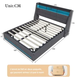 Lit Coffre 160x200 avec Sommier, Lit Coffre avec Port USB de Type C, éclairage LED, Lin, Gris