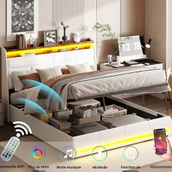 lit Coffre 160x200 avec sommier et USB, LED, Cadre de lit avec Rangement et Tete de Lit, Blanc