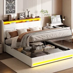 lit Coffre 160x200 avec sommier et USB, LED, Cadre de lit avec Rangement et Tete de Lit, Blanc