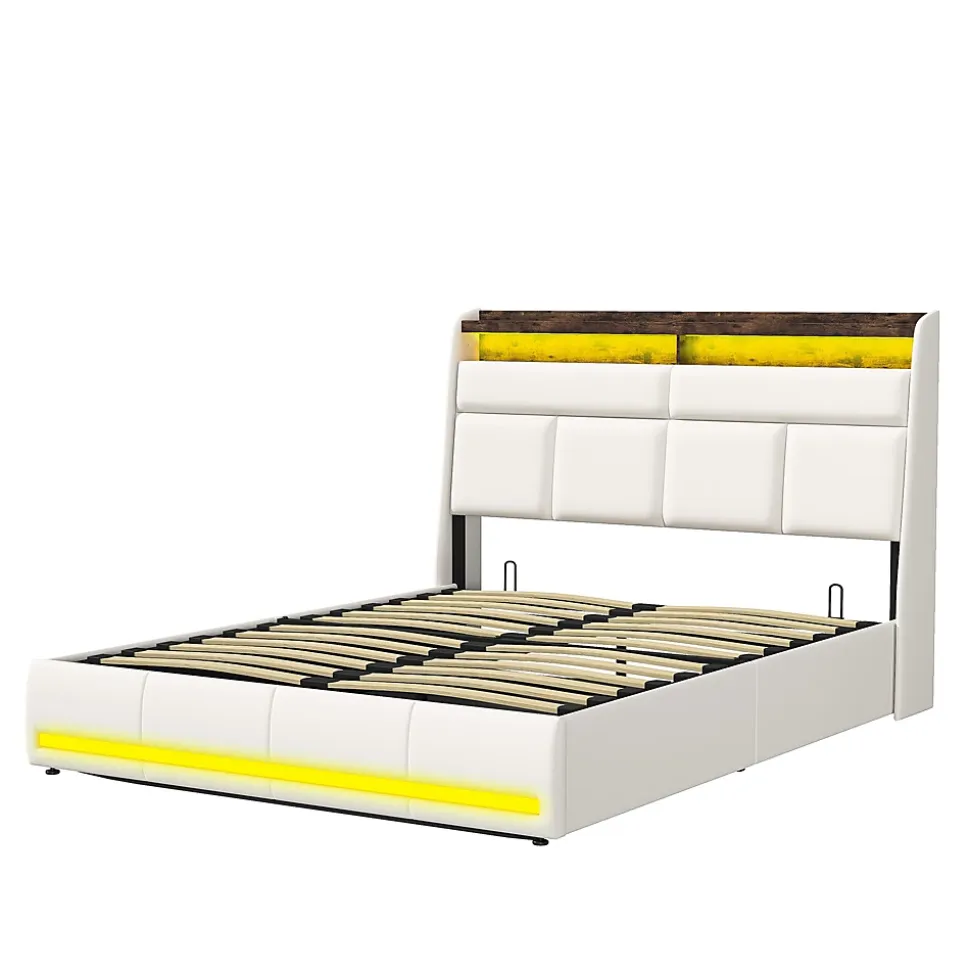 lit Coffre 160x200 avec sommier et USB, LED, Cadre de lit avec Rangement et Tete de Lit, Blanc