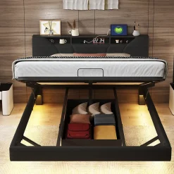 Lit Coffre 160x200 avec Sommier LED Hydraulique avec Rangement et Tete de Lit 2 Personnes Lits pour Adulte Coffre Noir+PU