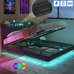 Lit Coffre 160x200 avec Sommier LED Hydraulique avec Rangement et Tete de Lit 2 Personnes Lits pour Adulte Coffre Noir+PU