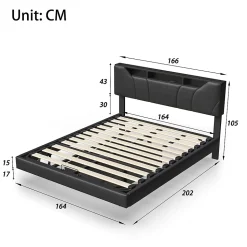 Lit Coffre 160x200 avec Sommier LED Hydraulique avec Rangement et Tete de Lit 2 Personnes Lits pour Adulte Coffre Noir+PU