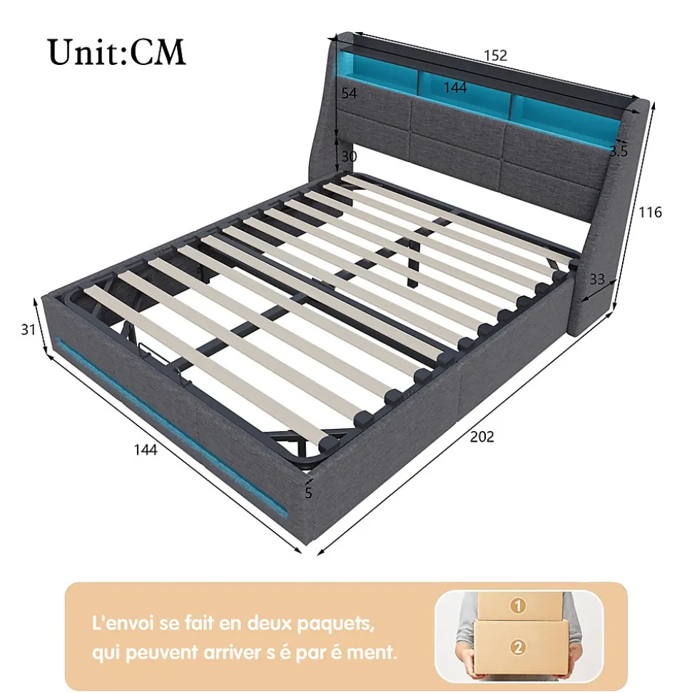 Lit Coffre 140x200 avec Sommier, Lit Coffre avec Port USB de Type C, éclairage LED, Lin, Gris