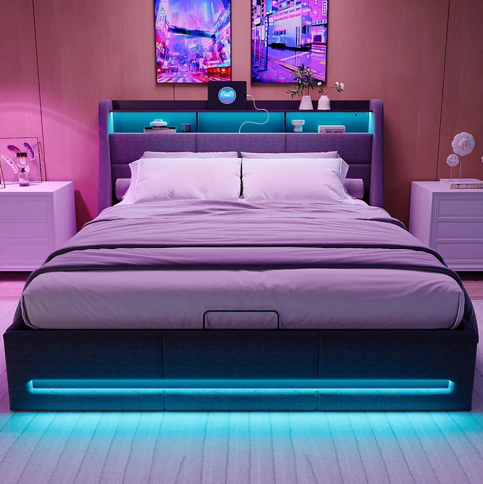 Lit Coffre 140x200 avec Sommier, Lit Coffre avec Port USB de Type C, éclairage LED, Lin, Gris