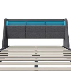 Lit Coffre 140x200 avec Sommier, Lit Coffre avec Port USB de Type C, éclairage LED, Lin, Gris