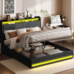 Lit Coffre 140x200 Avec Sommier Et USB, LED, Cadre De Lit Avec Rangement Et Tete De Lit, Noir