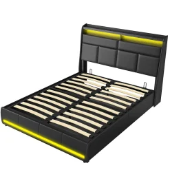 Lit Coffre 140x200 Avec Sommier Et USB, LED, Cadre De Lit Avec Rangement Et Tete De Lit, Noir