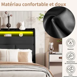 Lit Coffre 140x200 Avec Sommier Et USB, LED, Cadre De Lit Avec Rangement Et Tete De Lit, Noir