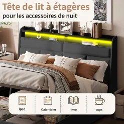 Lit Coffre 140x200 Avec Sommier Et USB, LED, Cadre De Lit Avec Rangement Et Tete De Lit, Noir