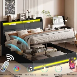 Lit Coffre 140x200 Avec Sommier Et USB, LED, Cadre De Lit Avec Rangement Et Tete De Lit, Noir