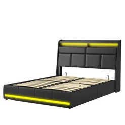 Lit Coffre 140x200 Avec Sommier Et USB, LED, Cadre De Lit Avec Rangement Et Tete De Lit, Noir