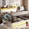 Lit Coffre 160x200 Avec Sommier Et USB, LED, Cadre De Lit Avec Rangement Et Tete De Lit, Blanc