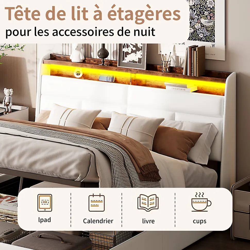 Lit Coffre 160x200 Avec Sommier Et USB, LED, Cadre De Lit Avec Rangement Et Tete De Lit, Blanc