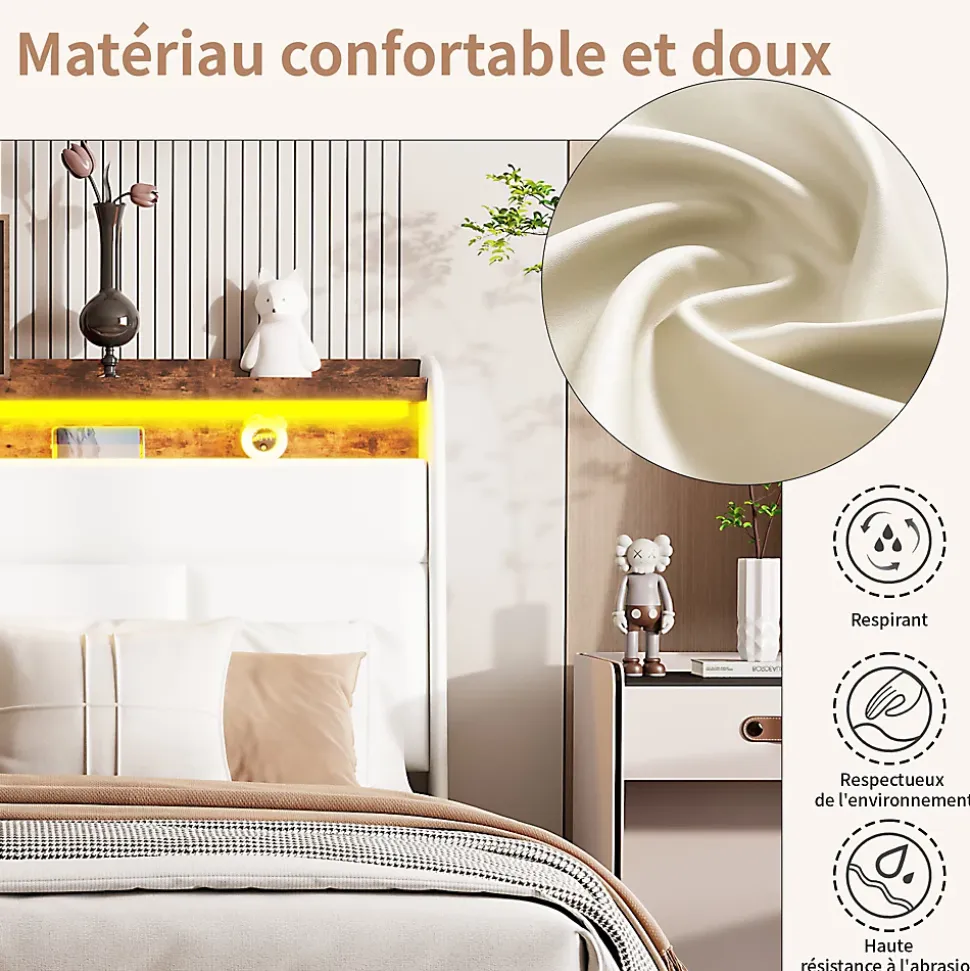 Lit Coffre 160x200 Avec Sommier Et USB, LED, Cadre De Lit Avec Rangement Et Tete De Lit, Blanc