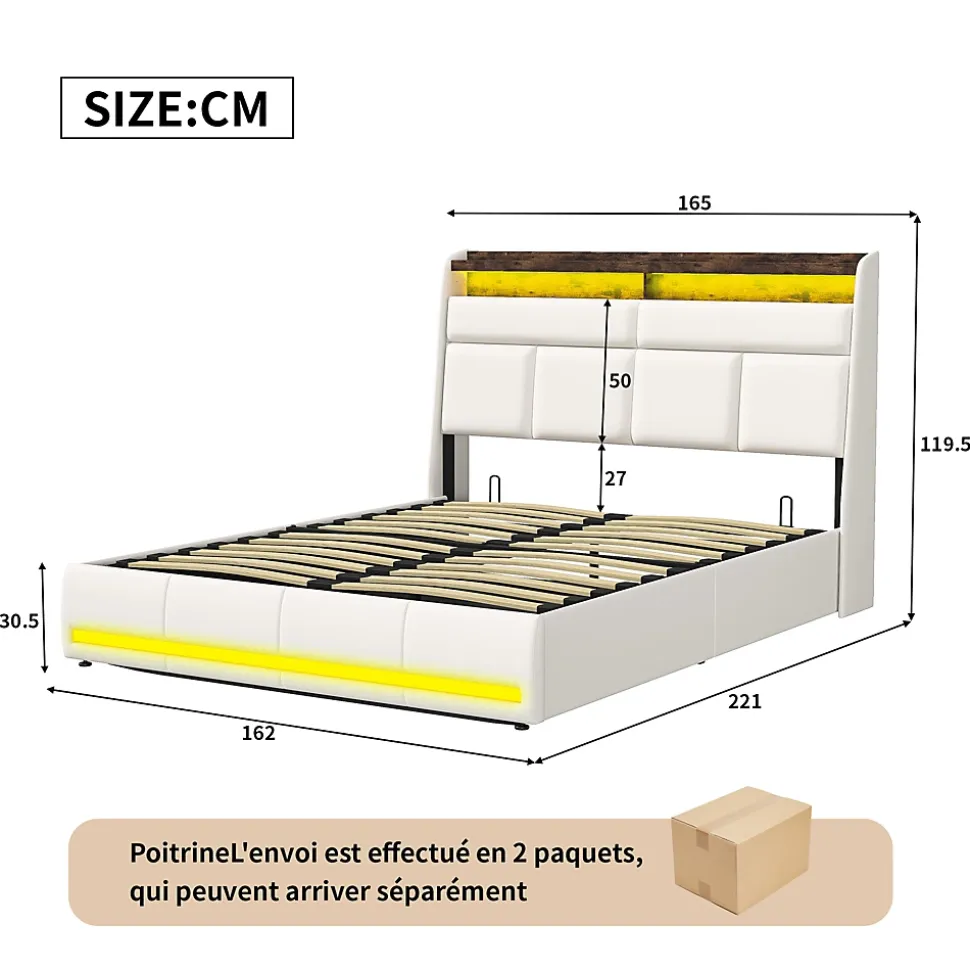 Lit Coffre 160x200 Avec Sommier Et USB, LED, Cadre De Lit Avec Rangement Et Tete De Lit, Blanc