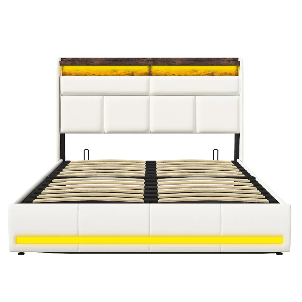 Lit Coffre 160x200 Avec Sommier Et USB, LED, Cadre De Lit Avec Rangement Et Tete De Lit, Blanc