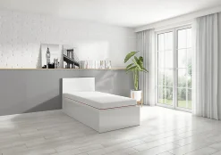 Lit coffre 90x200 avec sommier et rangement, coloris Blanc brillant - Longueur 204,5 x Profondeur 99 x Hauteur 95/40,5 cm