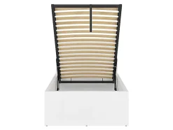 Lit coffre 90x200 avec sommier et rangement, coloris Blanc brillant - Longueur 204,5 x Profondeur 99 x Hauteur 95/40,5 cm