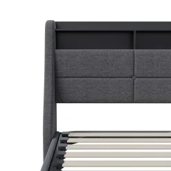 Lit Coffre 140x190 avec sommier LED et USB,Lit Double rembourré avec Rangement hydraulique pour Adultes et Adolescents, Lin, Gris