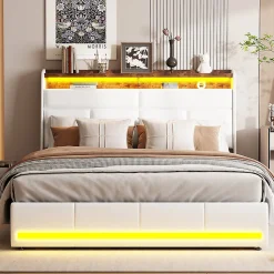 Lit Coffre 160x200 Avec Sommier Et USB, LED, Cadre De Lit Avec Rangement Et Tete De Lit, Blanc