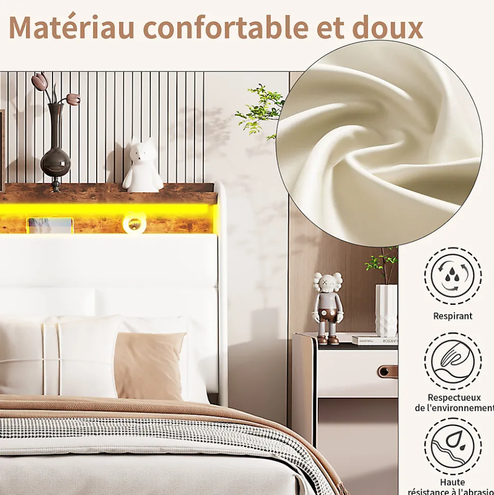 Lit Coffre 160x200 Avec Sommier Et USB, LED, Cadre De Lit Avec Rangement Et Tete De Lit, Blanc
