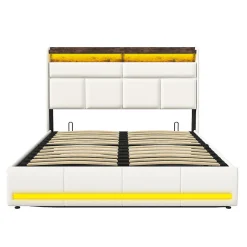 Lit Coffre 160x200 Avec Sommier Et USB, LED, Cadre De Lit Avec Rangement Et Tete De Lit, Blanc