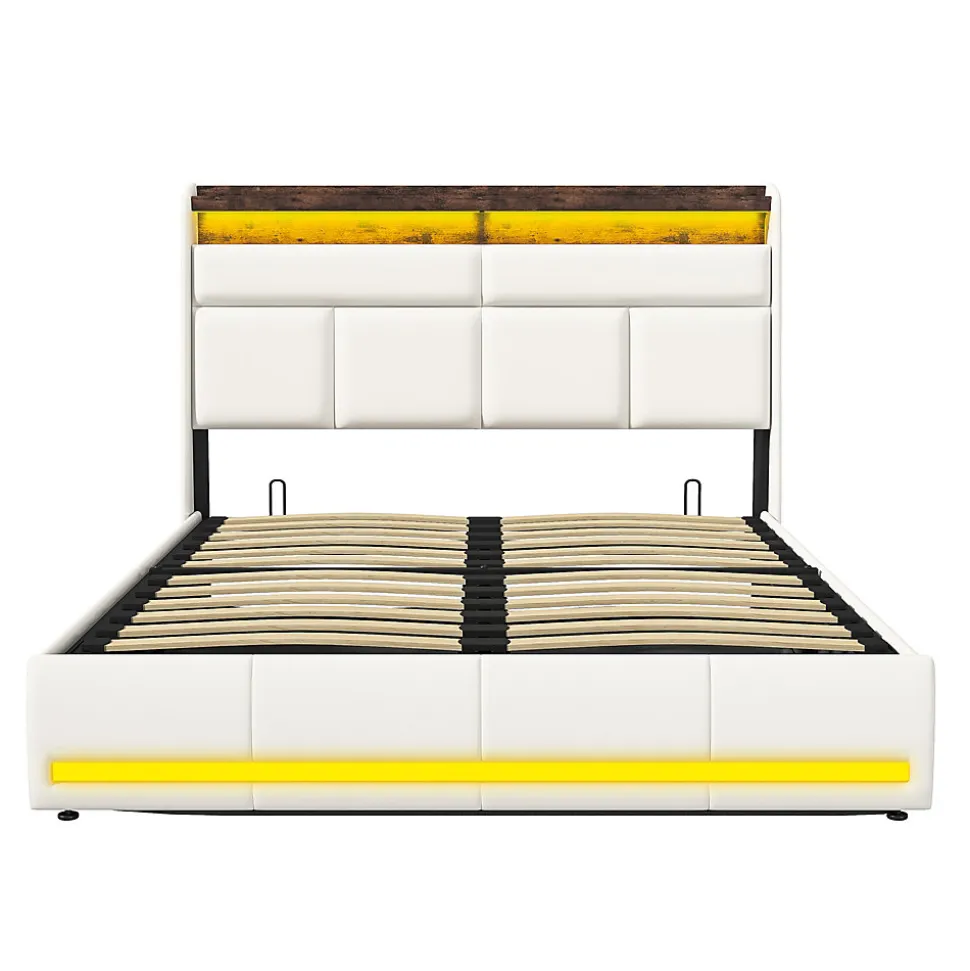 Lit Coffre 160x200 Avec Sommier Et USB, LED, Cadre De Lit Avec Rangement Et Tete De Lit, Blanc