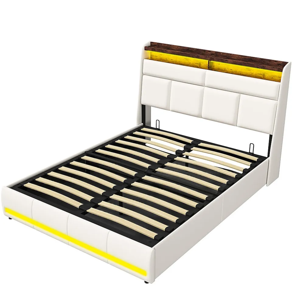 Lit Coffre 160x200 Avec Sommier Et USB, LED, Cadre De Lit Avec Rangement Et Tete De Lit, Blanc