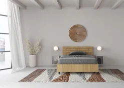 Lit coffre 120x200 avec tête de lit inclinée à lattes en chêne Ankel